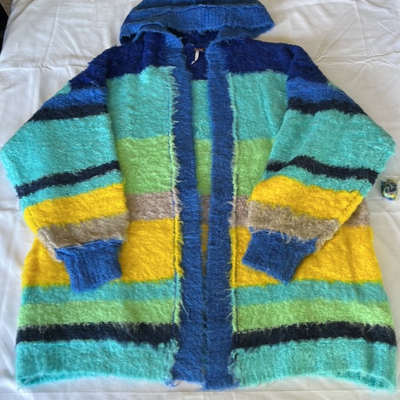 Free People Dream Team Cardigan Stripe Hooded Sweater Sunny Skies Size L - Picture 4 of 15